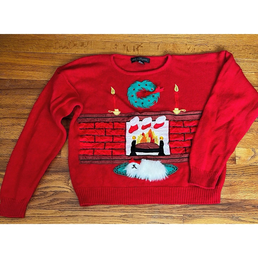 Vintage 90s S Embroidered Christmas‎ Sweater Work In Progress Gladys Bagley Dog